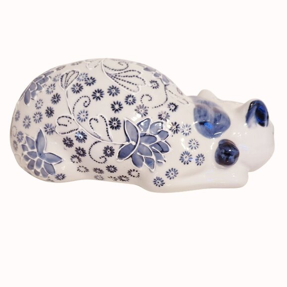 Vintage Chinese Porcelain Blue & White Floral Sleeping Cat Figurine 10-Inches - Picture 3 of 5